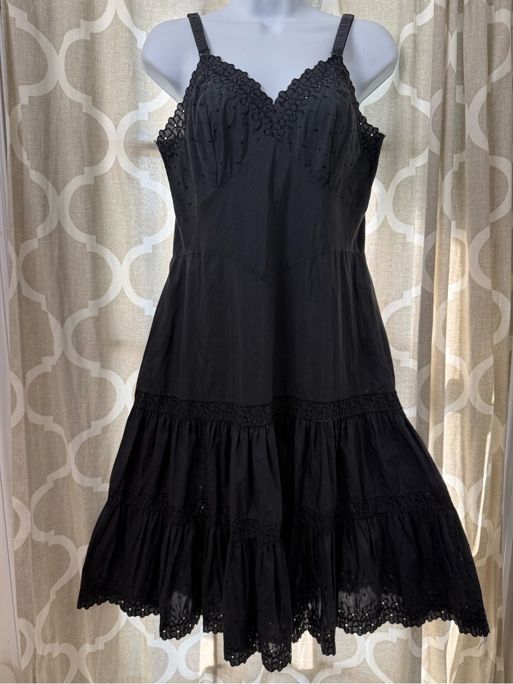 KOMAR Vintage 40s Black Floral Eyelet Lace Ruffle Tiered Midi Slip Dress